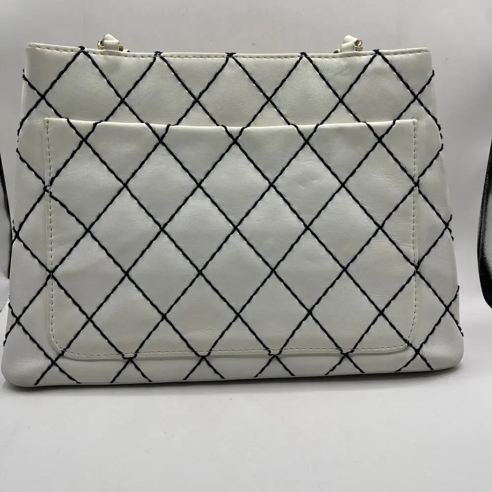 CHANEL Wild Black Stitch White Shoulder Tote Bag Double Chain Gold Tone Hardware